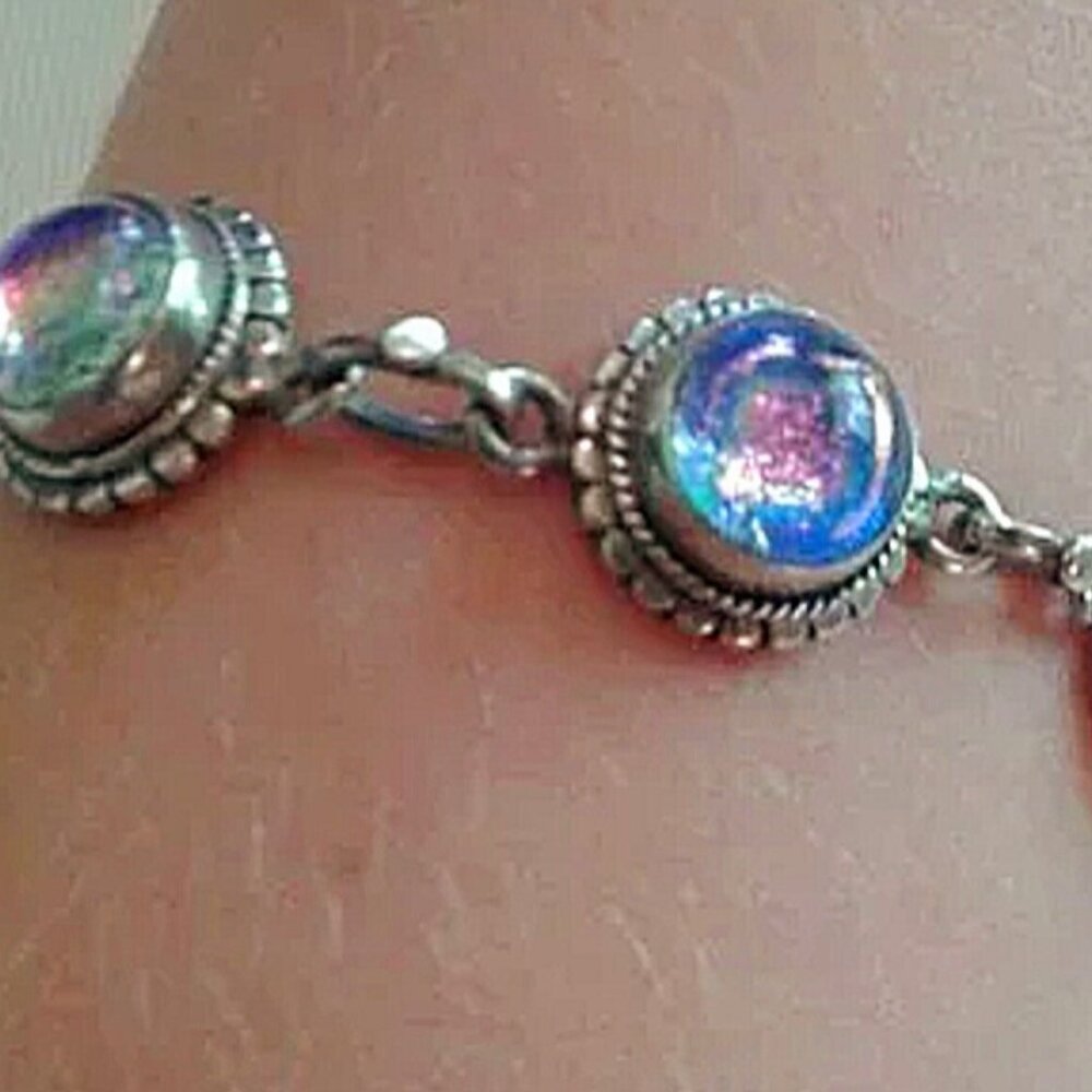 Artisan 7" Toggle Bracelet Dichroic Glass 925 Sterling Silver Purple Iridescent - Picture 7 of 7